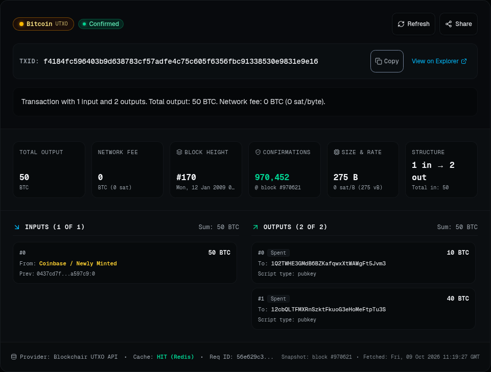 Original tracker result for a confirmed Bitcoin transaction, with transaction details, one input and two outputs.